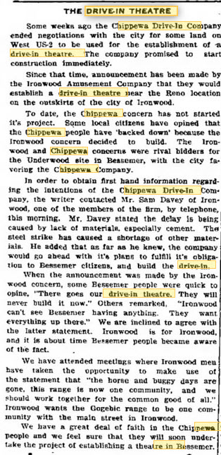 Chippewa Drive-In Theatre - 10 Jul 1952 Article